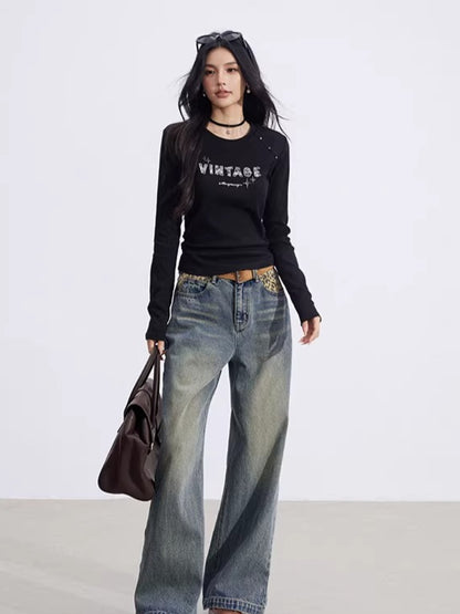 Letter-Print Slim-Fit Long-Sleeve T-Shirt