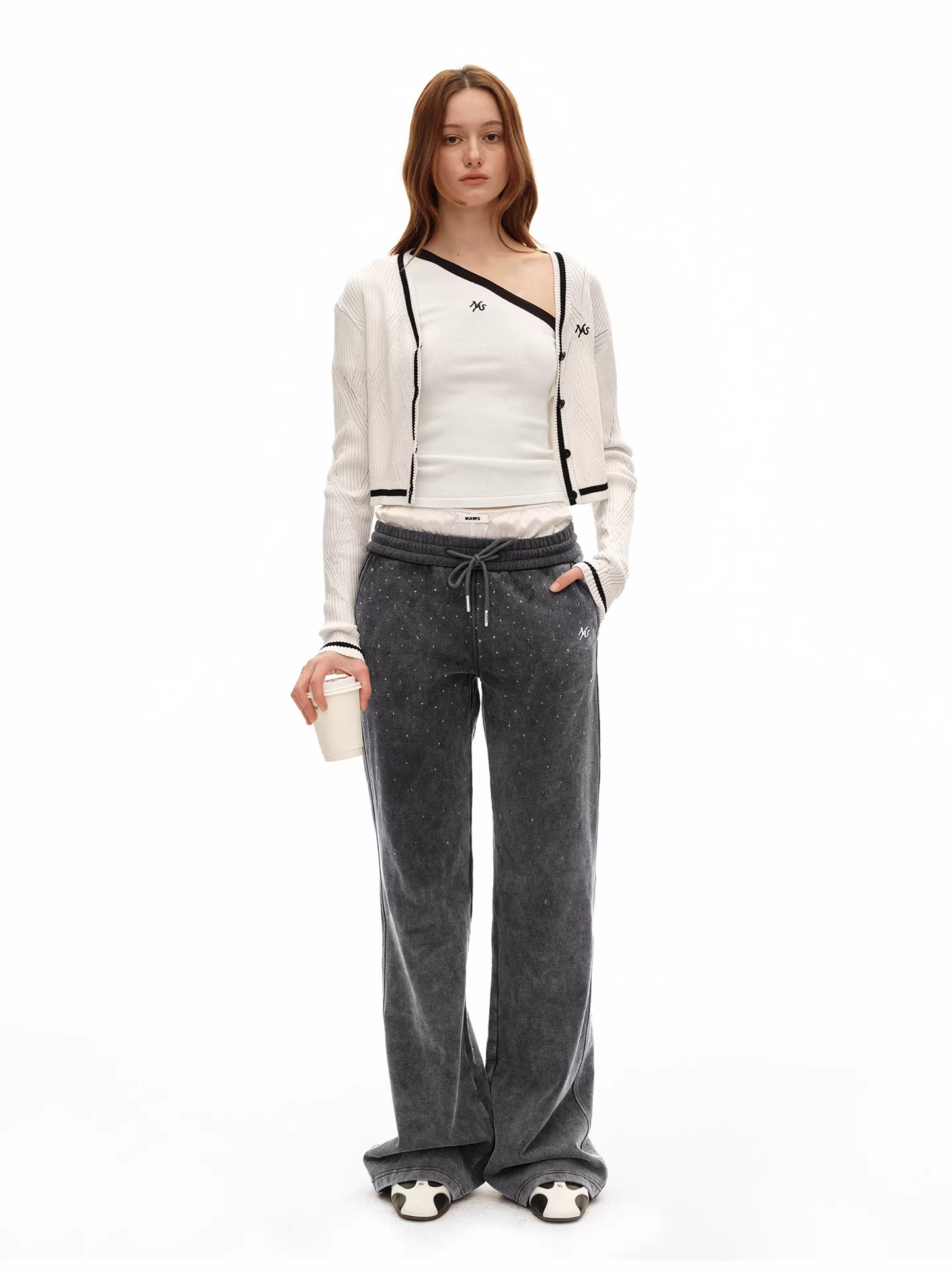 Crystal-Embellished Vintage Wash Cotton Straight-Leg Trousers