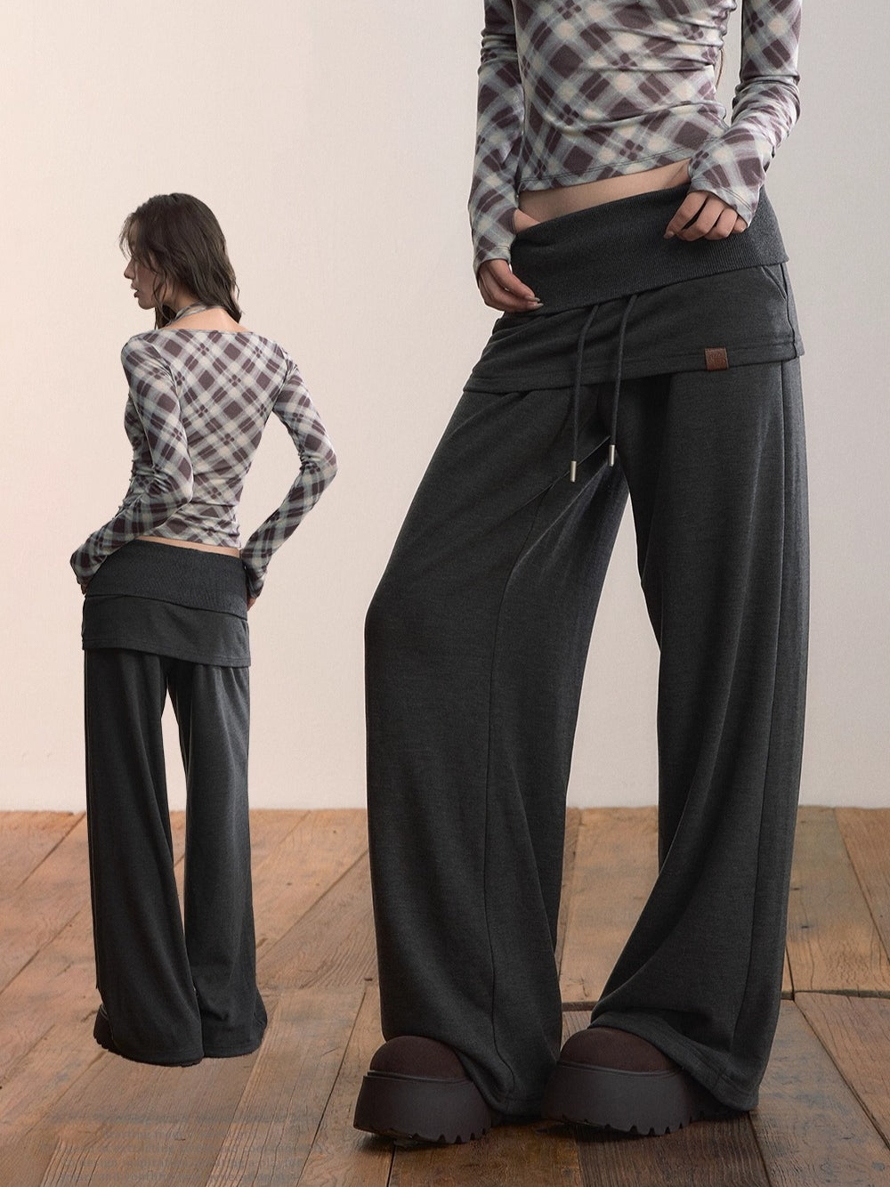 Folded Waist Skirt-Hem Wide-Leg Sweatpants