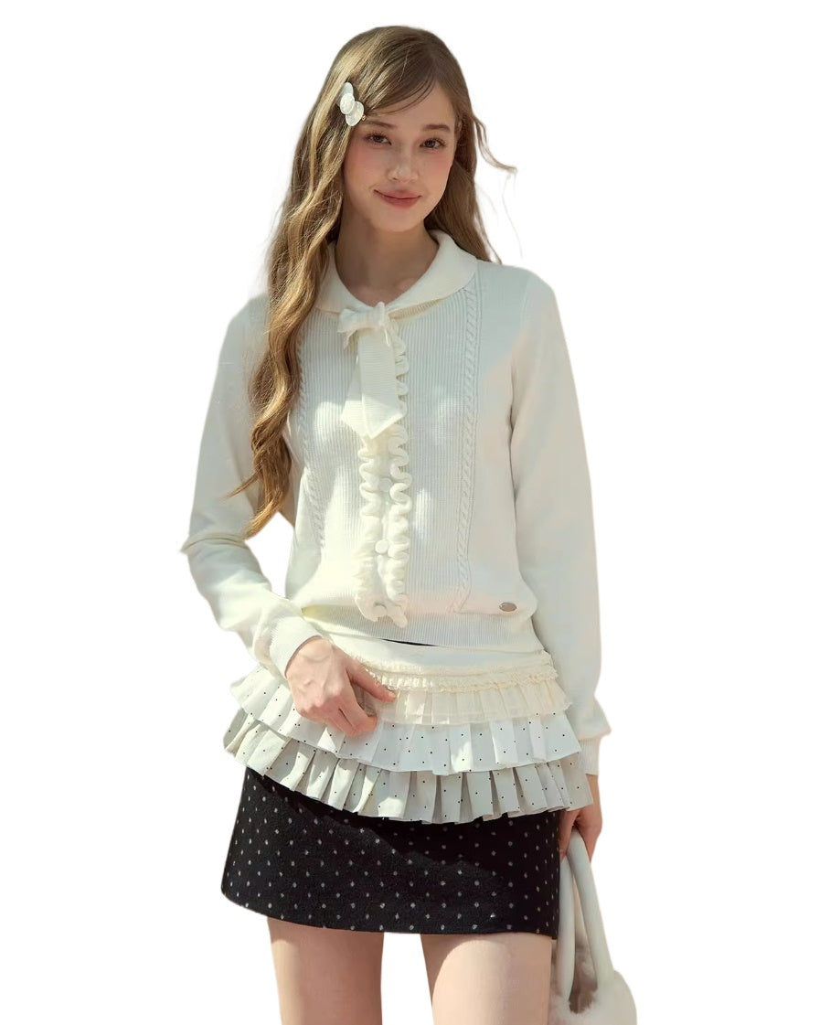Ruffle Trim Bow Wool Sweater