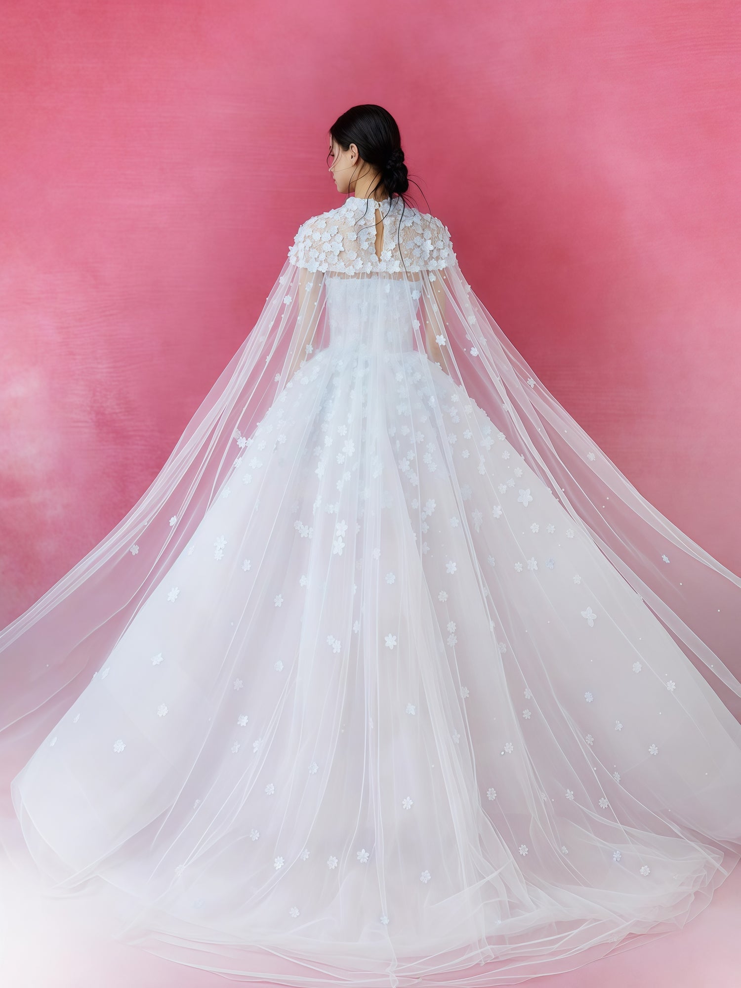 Celestial Blue Floral Appliqué Tulle Ball Gown with Sheer Cape