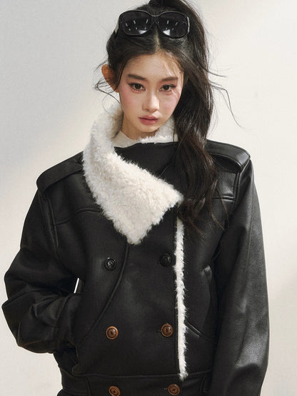 Black Faux Shearling Double-Breasted Leather Jacket