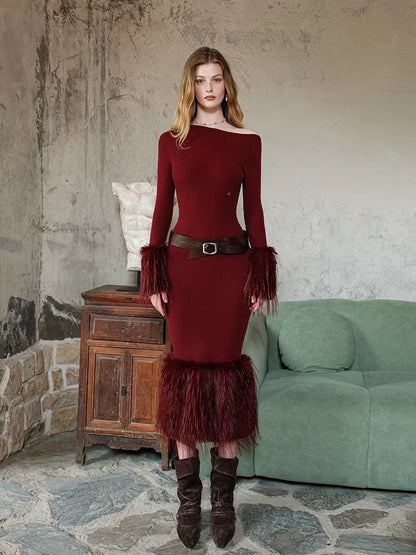 Vintage Off-Shoulder Knit Maxi Dress