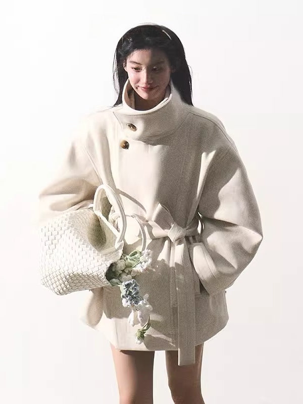 Stand-Collar Wool Short Coat
