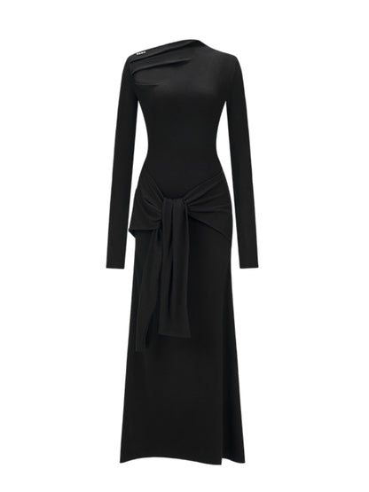 Black &amp; Gray Asymmetric Tie-Waist Slim Dress