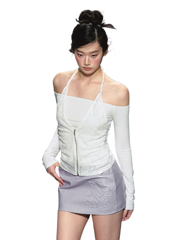 Two-Piece Off-Shoulder Halter Lace Blouse - CHINASQUAD