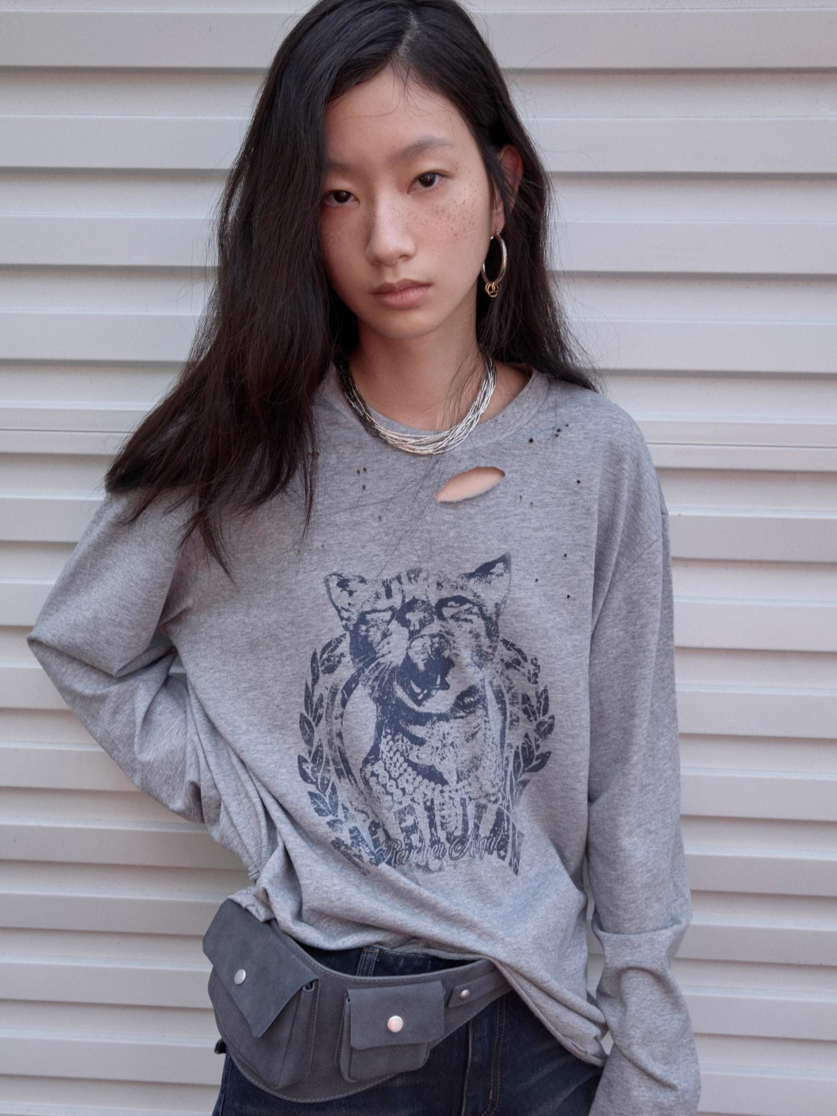 Vintage Cat &amp; Dog Print Distressed Long-Sleeve Tee