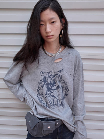 Vintage Cat &amp; Dog Print Distressed Long-Sleeve Tee