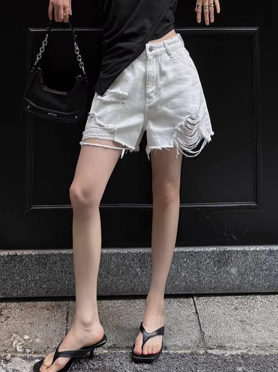 Raw-Hem A-Line Denim Shorts