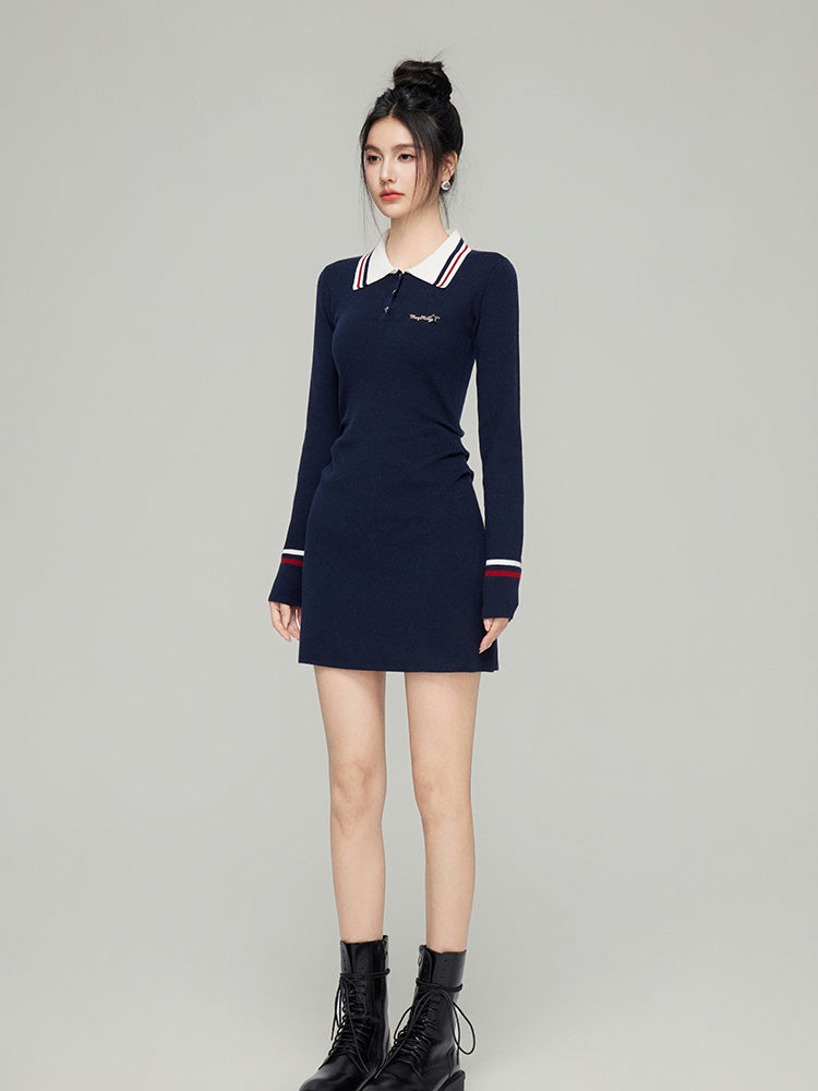 Polo Neck Waistline Knit Dress