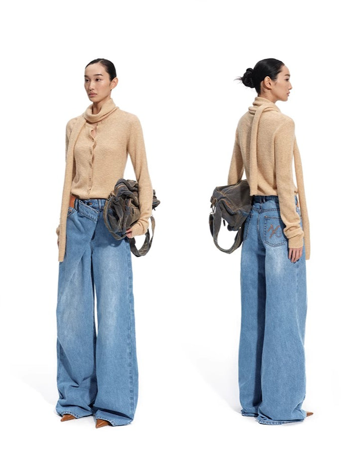 Sailor-Inspired Washed Twill Denim Low-Rise Straight Jeans