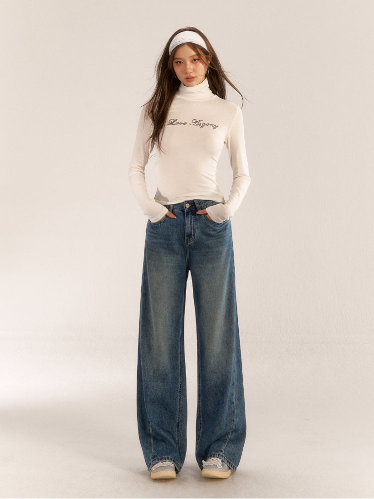 Washed High-Waist Slim Wide-Leg Jeans