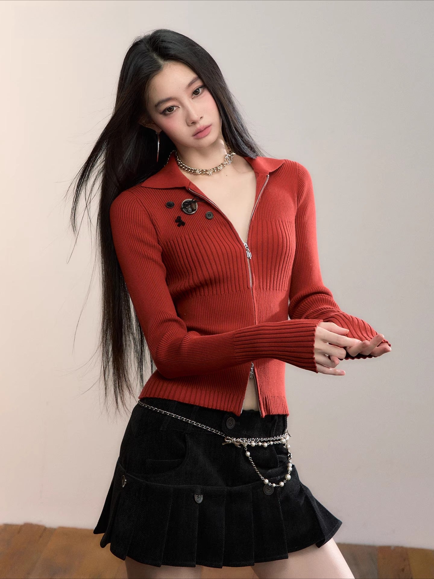 Button-Detail Zip-Up Knit Cardigan