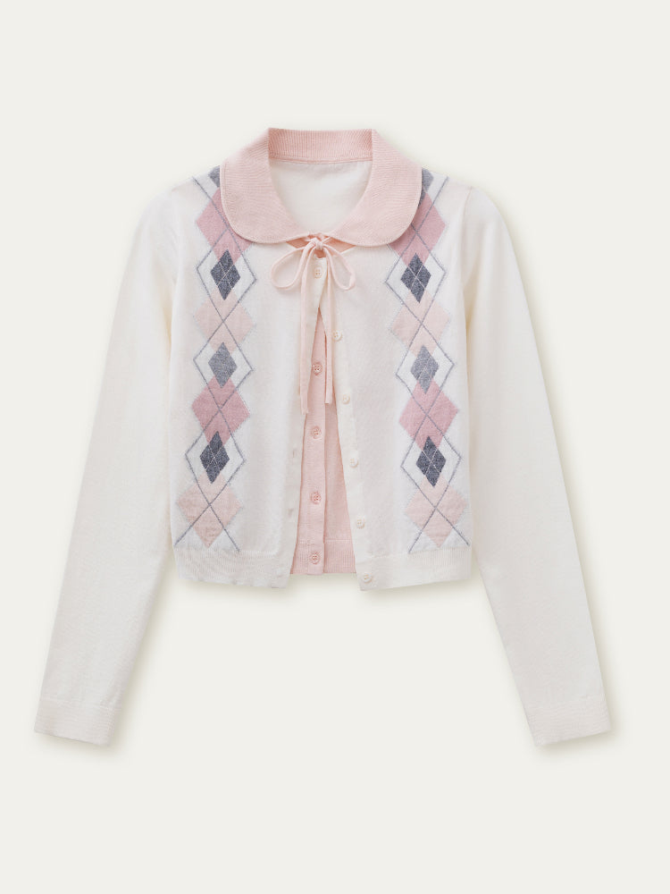 Faux Two-Piece Pink and White Argyle Knit