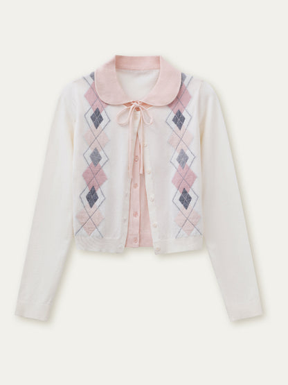 Faux Two-Piece Pink and White Argyle Knit