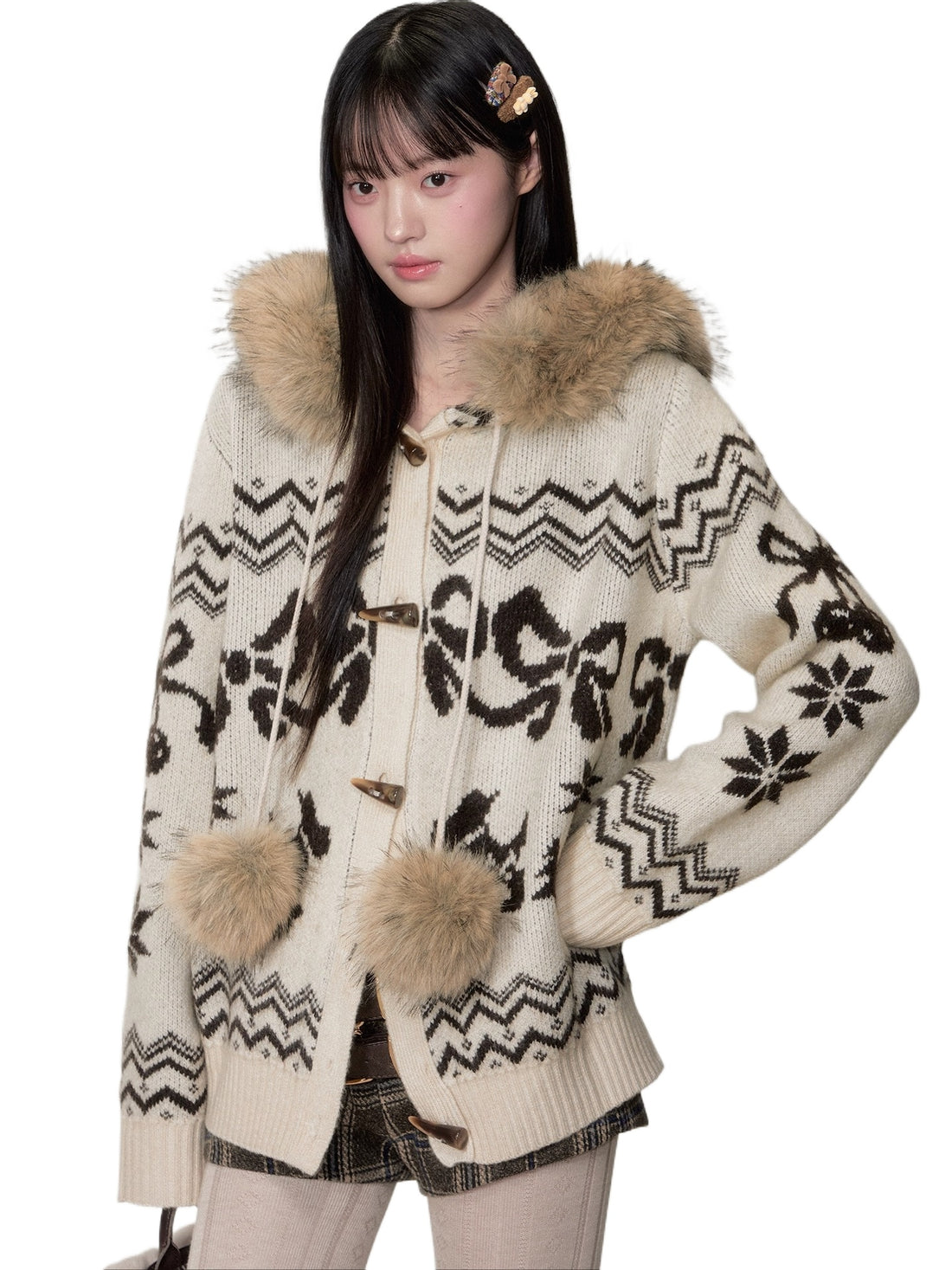 Fair Isle Fur Collar Toggle Buttons Knit Coat