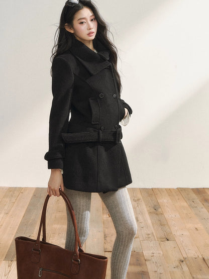 Black Wool-Blend Detachable Hem Double-Breasted Coat