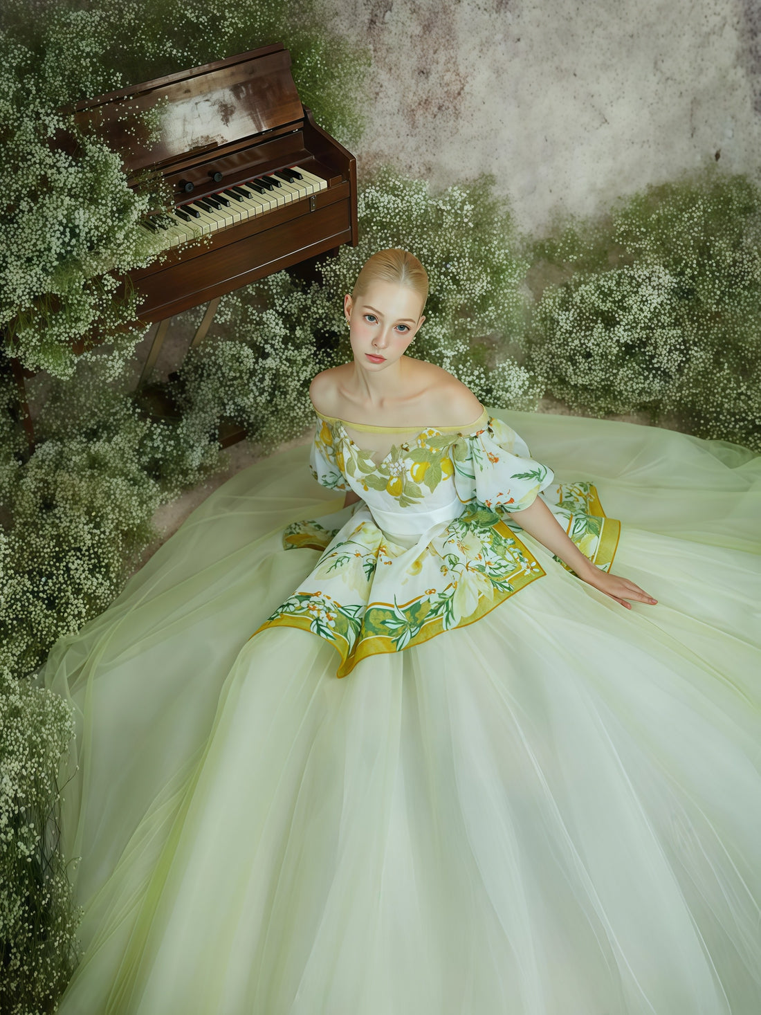 Lemon Garden Off-Shoulder Embroidered Couture Ball Gown
