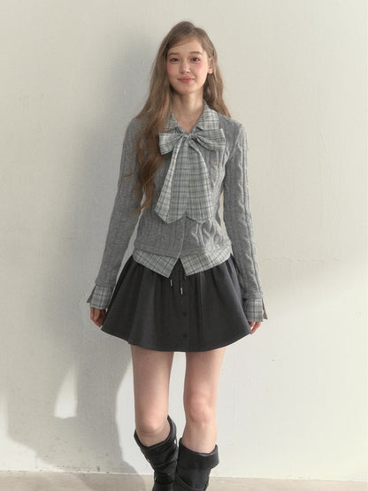 Retro Bow-Tie Preppy Layered Cable Knit Cardigan