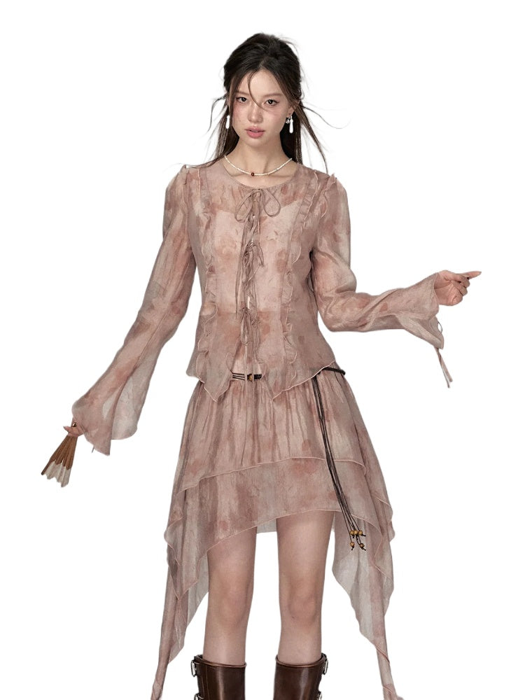 Ruffled Ombre Cardigan &amp; Skirt Set - CHINASQUAD