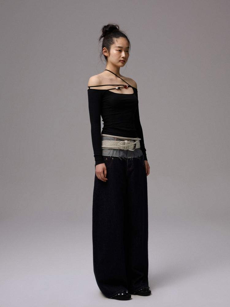 One-Shoulder Beaded Strappy Solid Color T-Shirt - CHINASQUAD