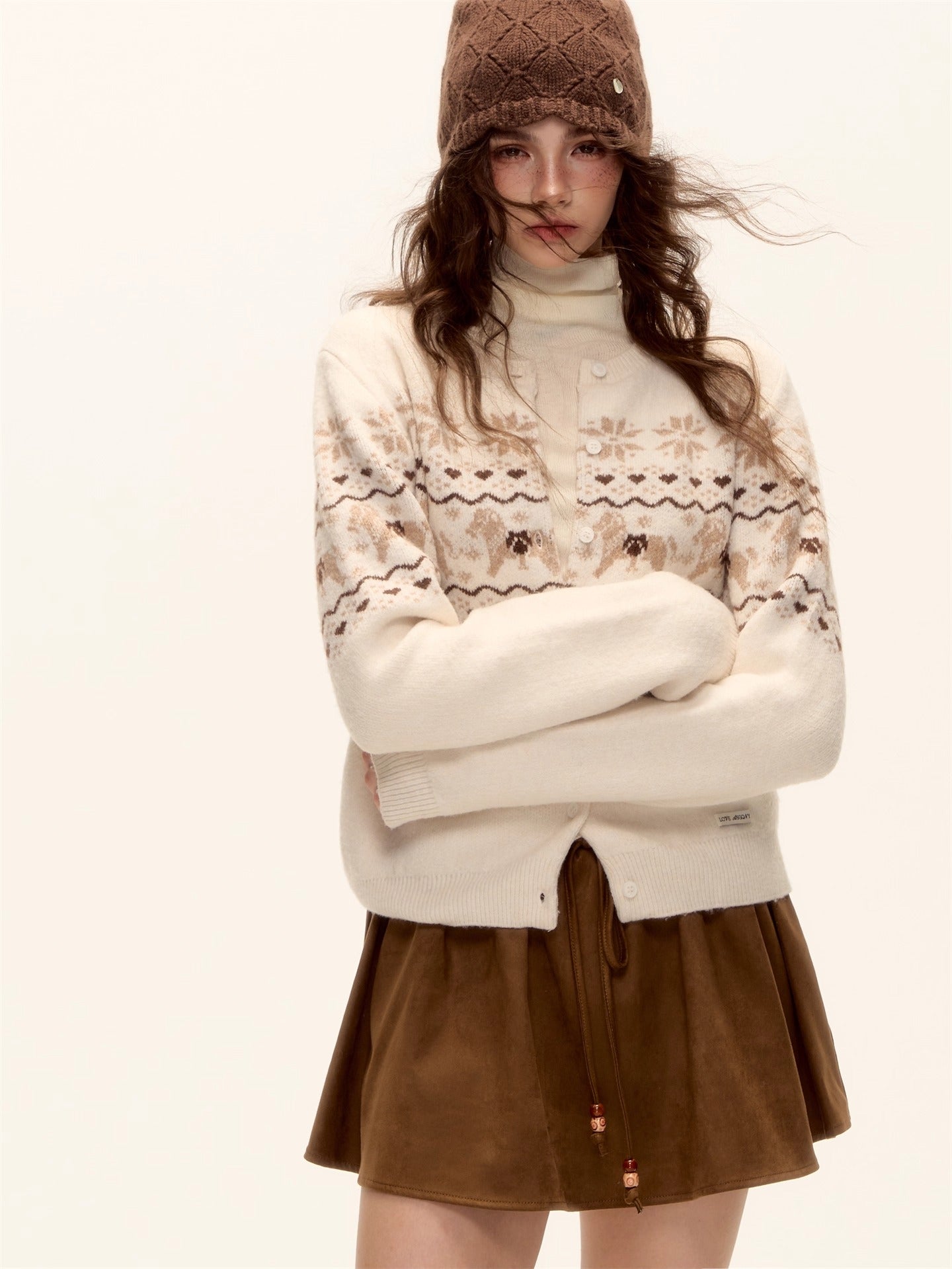 Fair Isle Wool-Blend Knit Cardigan &amp; Scarf Set