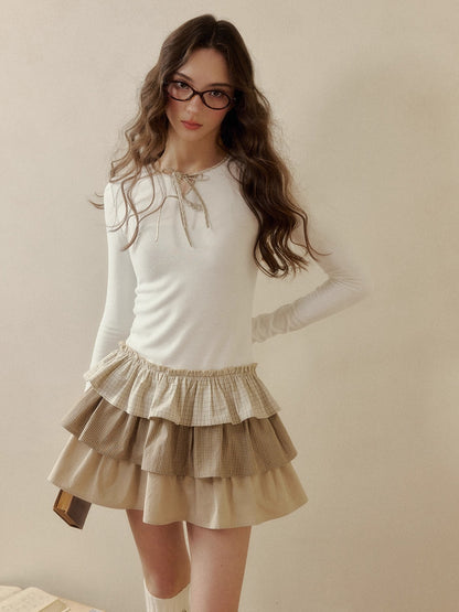 Layered Knit Plaid Tiered Puff Dress