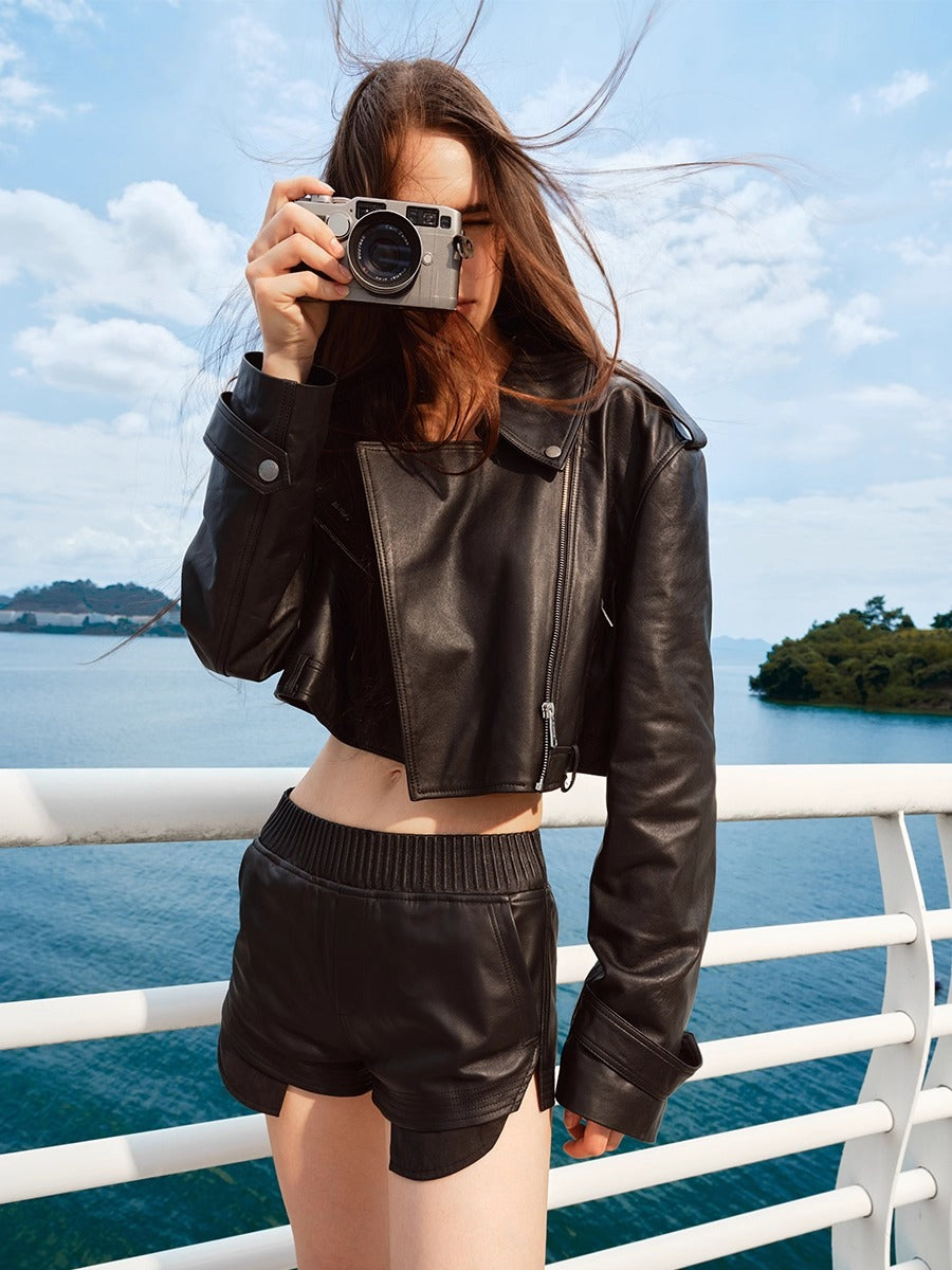&quot;Djembe Series&quot; 100% Water-stained Lambskin Cropped Jacket