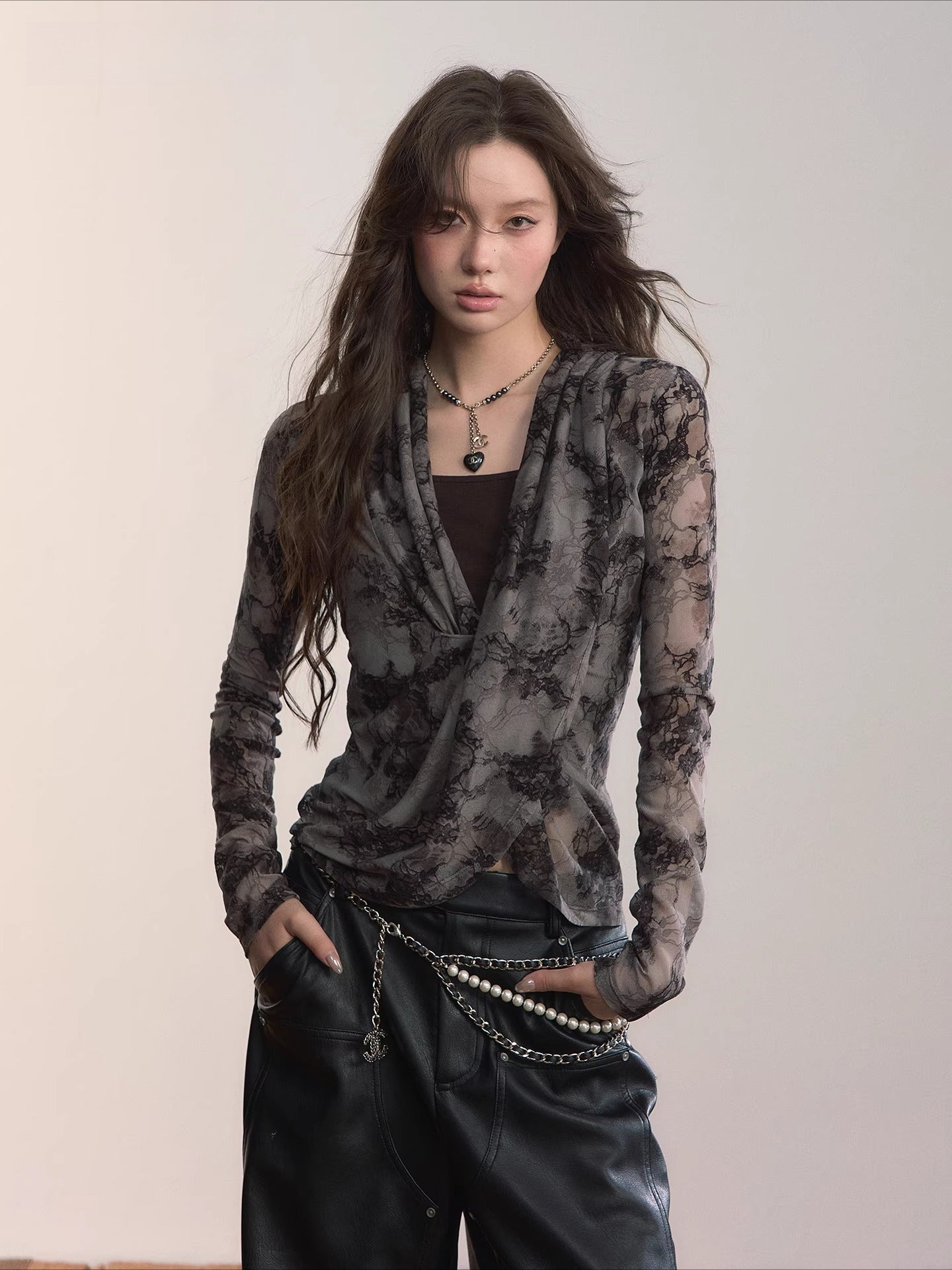 Sheer Lace Draped Crossover Blouse