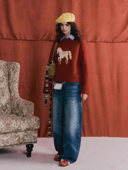 Wool Blend Horse Jacquard Embroidered Sweater