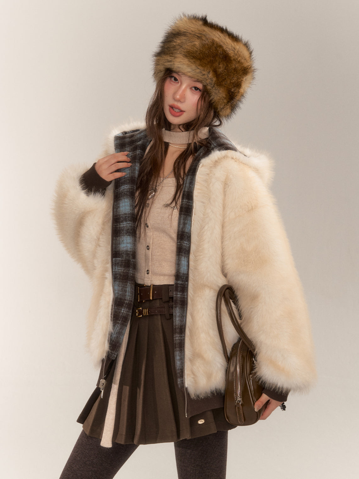 Reversible Plaid Faux Fur Coat