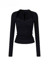 Halter Neck Openwork Rivet Long-Sleeve T-Shirt - CHINASQUAD