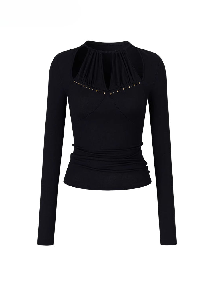 Halter Neck Openwork Rivet Long-Sleeve T-Shirt - CHINASQUAD