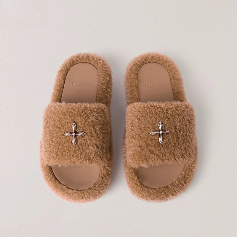 Compass Shearling Slide Sculpted Cross Emblem Sandals
