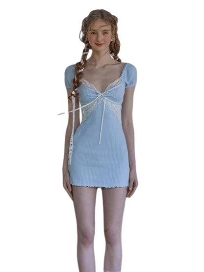 Dream French Pastoral Soft Knit Blue Dress