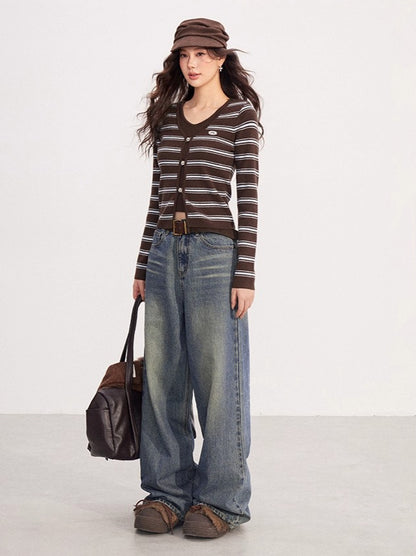 Layered-Effect Striped Knit V-Neck