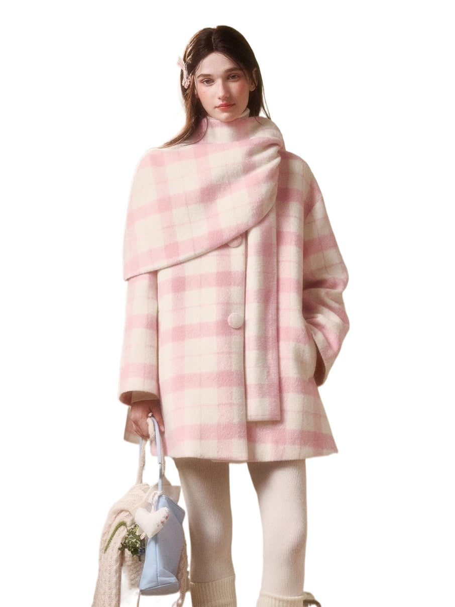 Baby Pink Raspberry Check Wool-Like Cape Coat