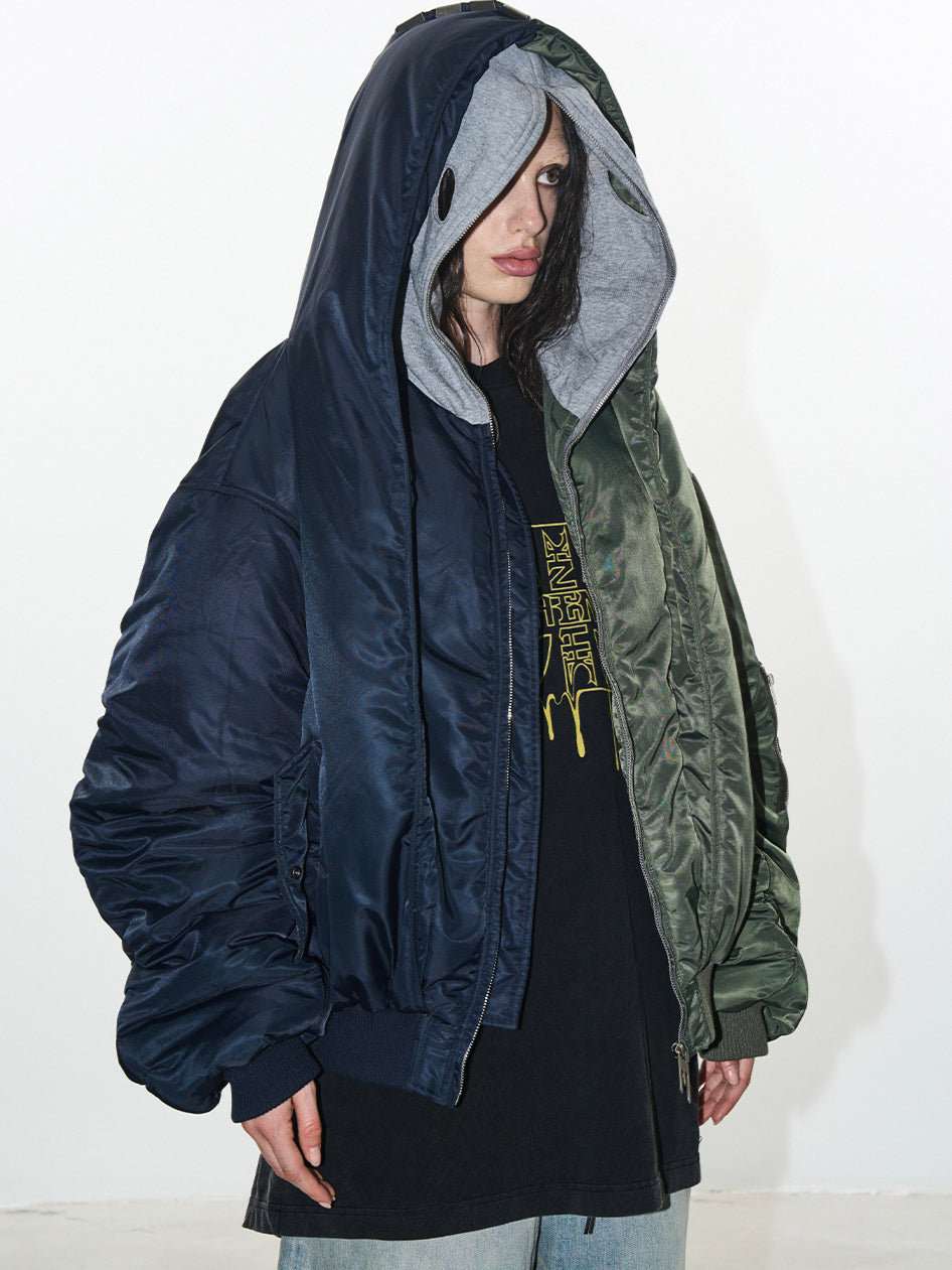 Contrast Color Hooded Bomber Jacket