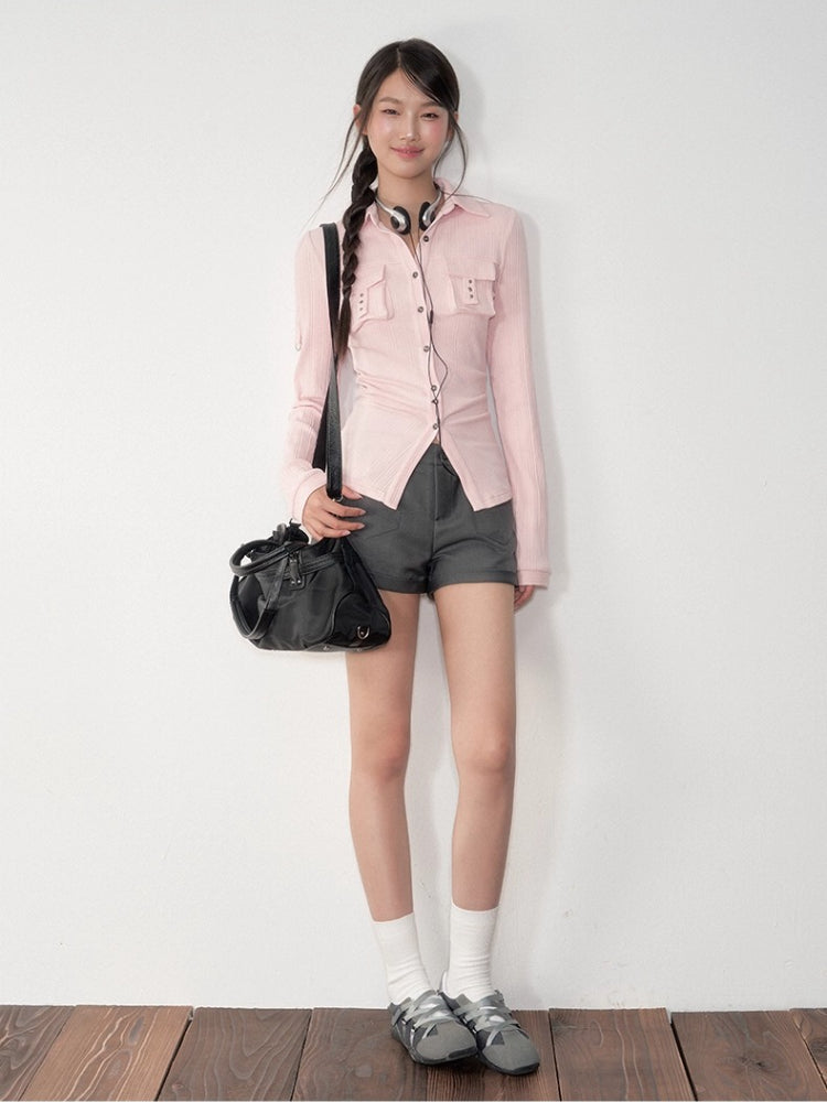 Striped Rivet 3D Pocket Fitted Shirt