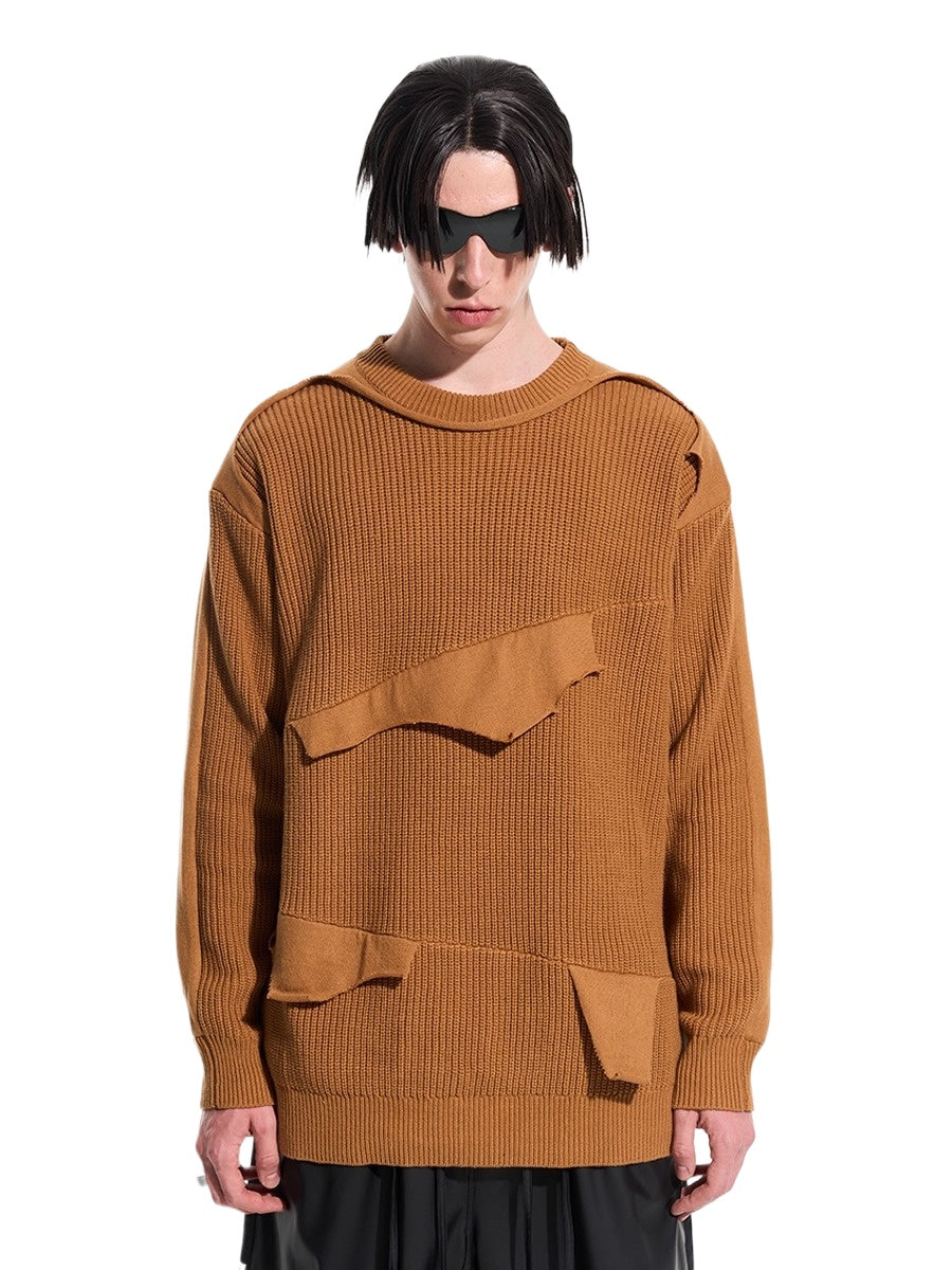 Cloud Texture Dual-Tone Distressed Knit Sweater