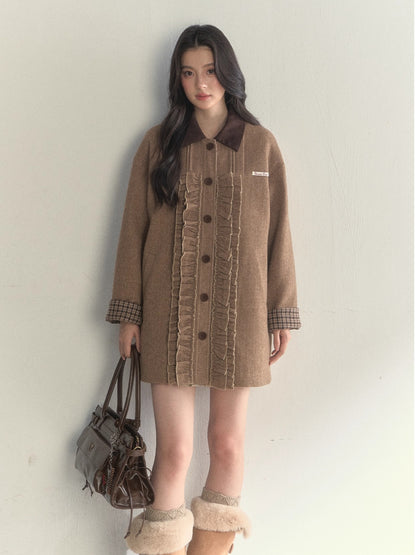Vintage Khaki Wool Blend Ruffle-Trim Coat