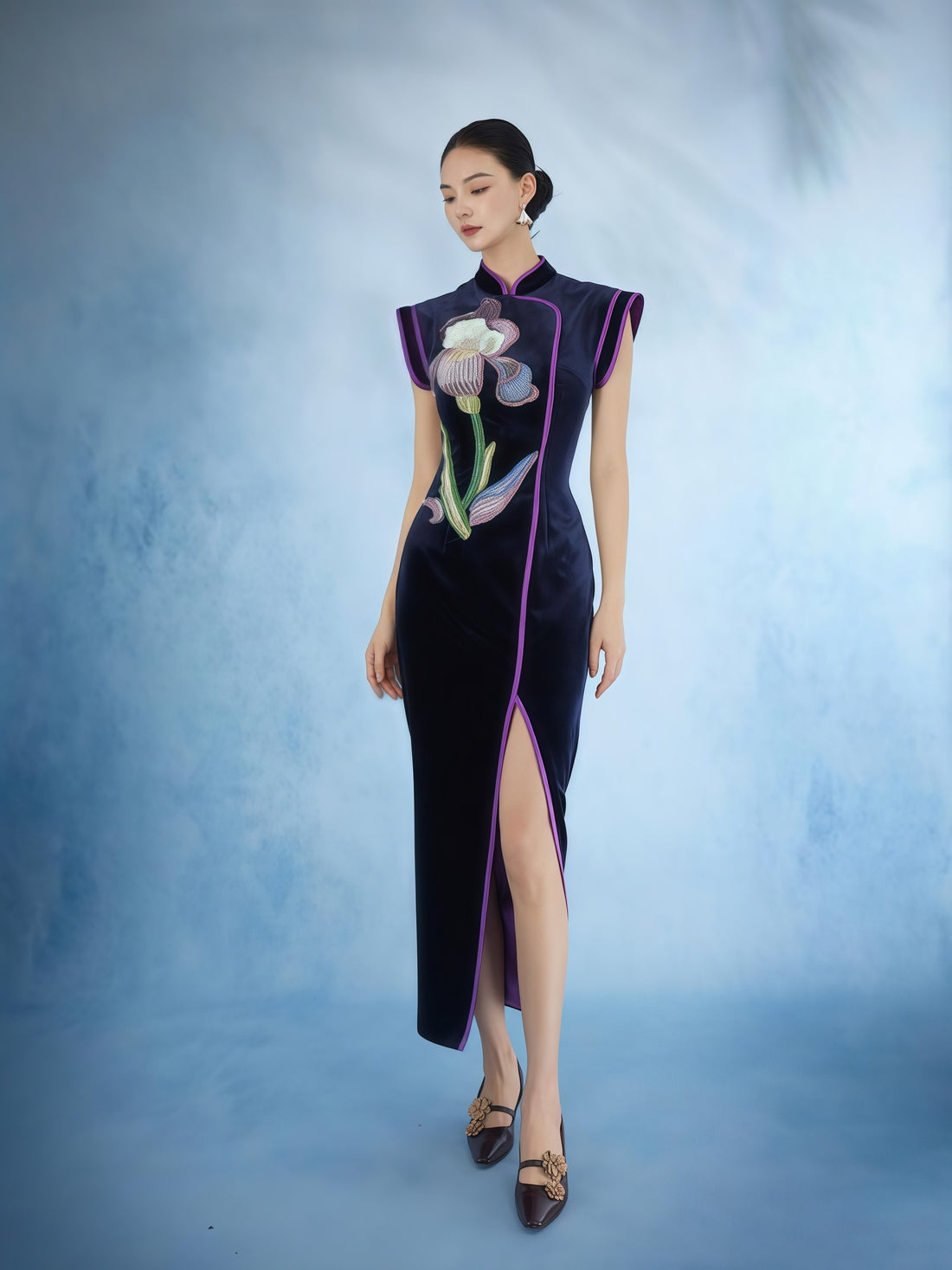 Iris Embroidered Velvet Cheongsam Dress