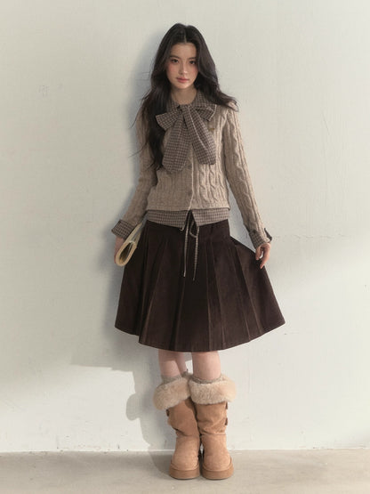 Retro Bow-Tie Preppy Layered Cable Knit Cardigan