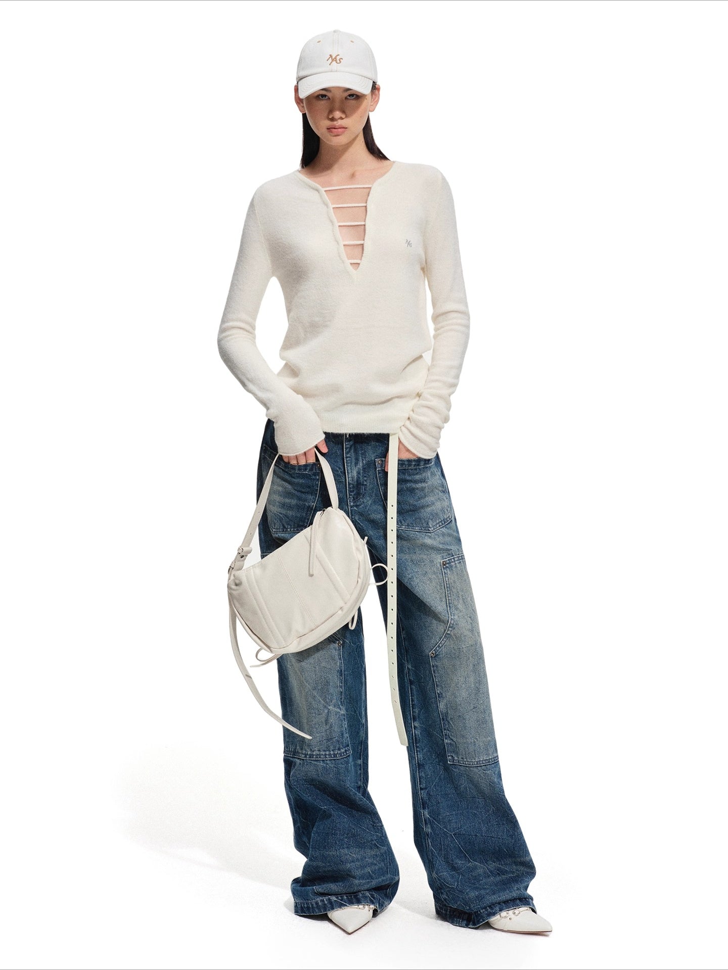 Wool Deep-V Textured Knit Sweater