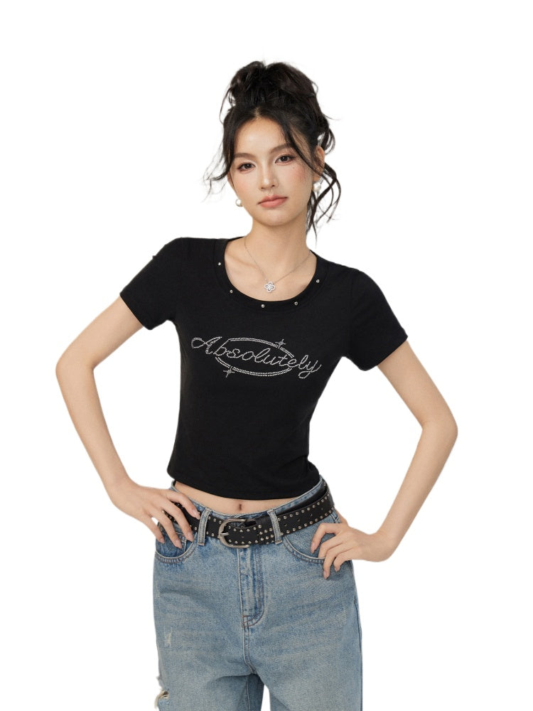 Rivet-Rhinestone Regular Shoulder T-shirt