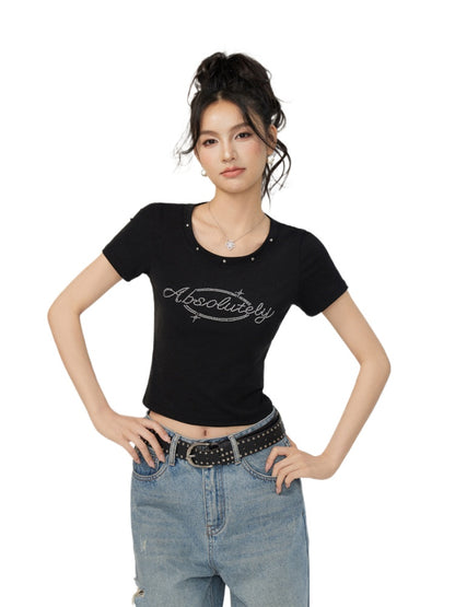 Rivet-Rhinestone Regular Shoulder T-shirt