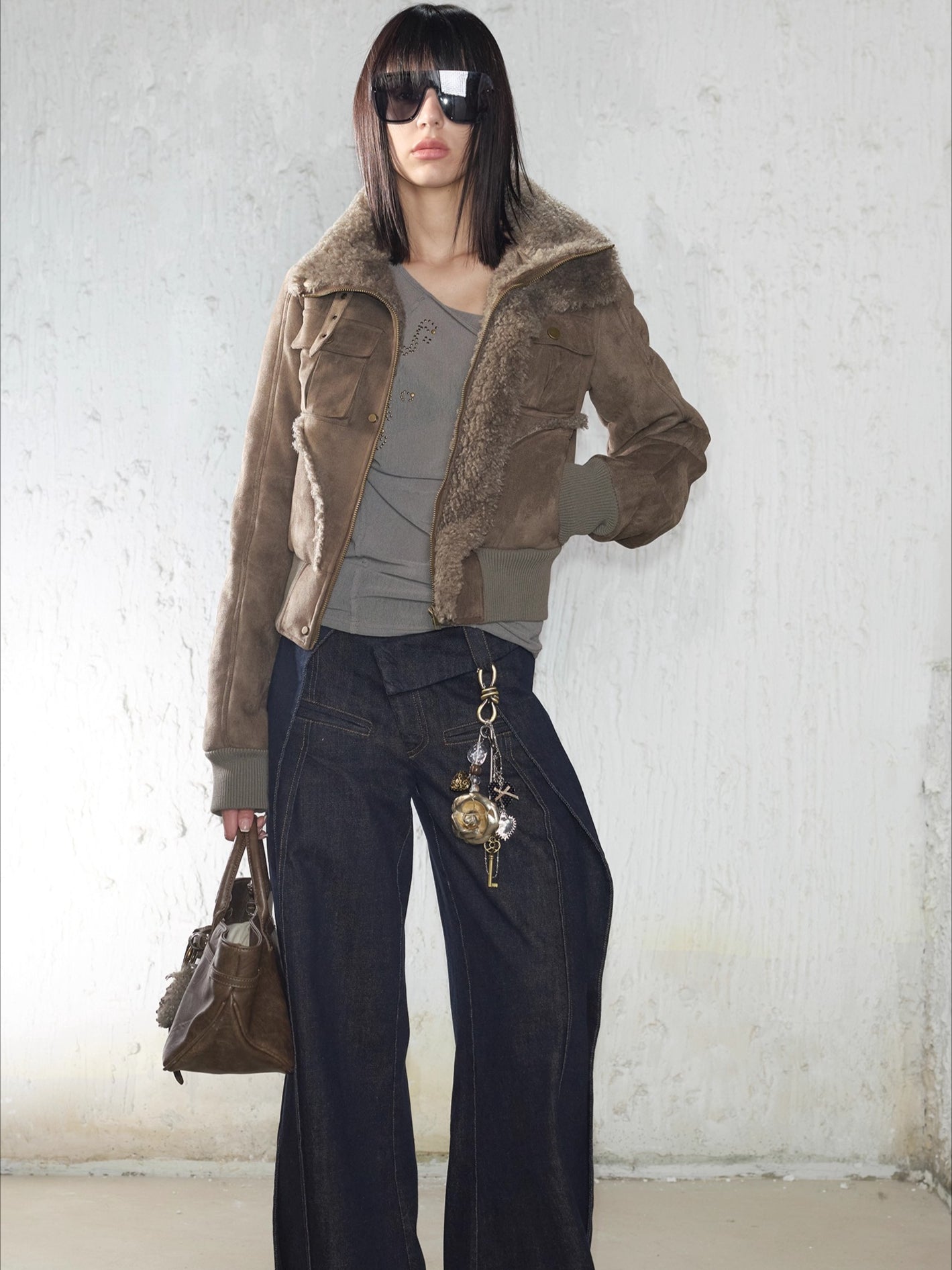 Rhinestone Frayed-Edge Knit T-Shirt