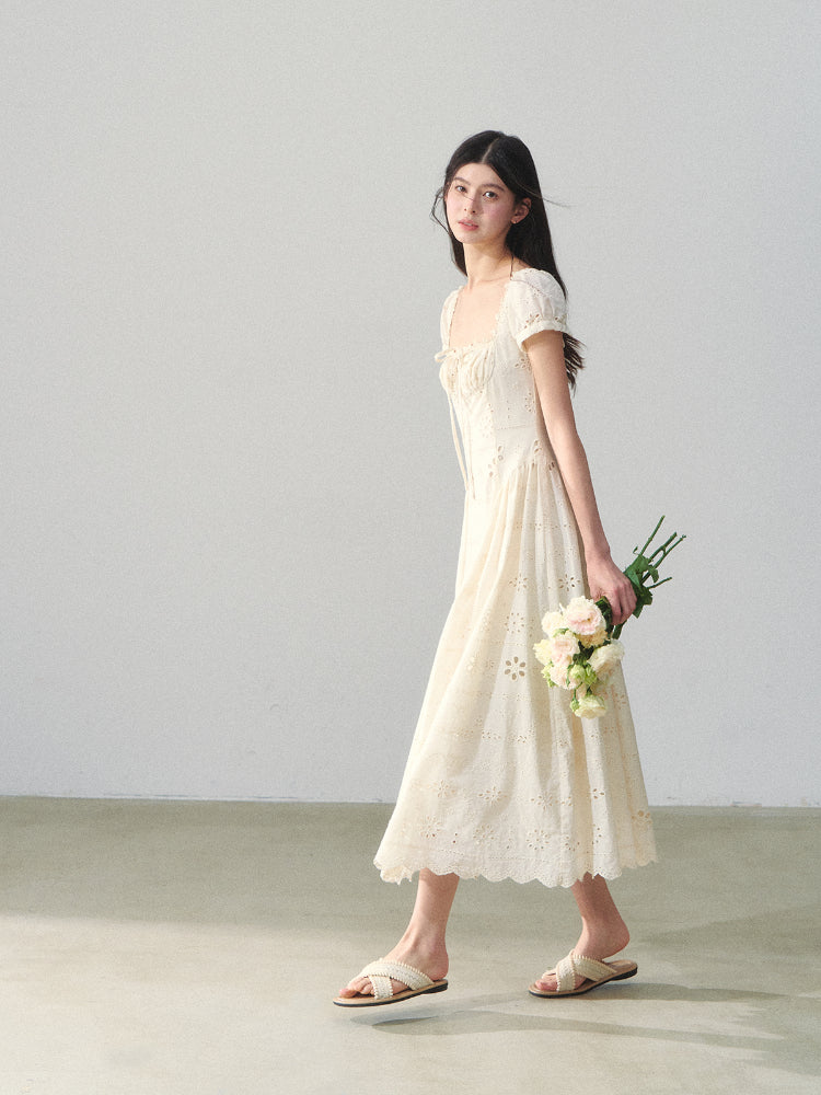 Square-Neck Embroidered Hollow Vacation-style Dress