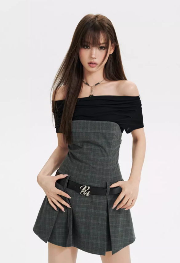 Grid Off-Shoulder Mini Dress - CHINASQUAD