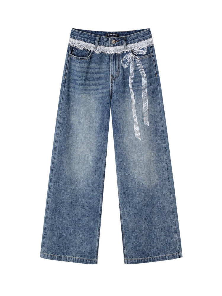 Lace Printed Wide-Leg Jeans - CHINASQUAD